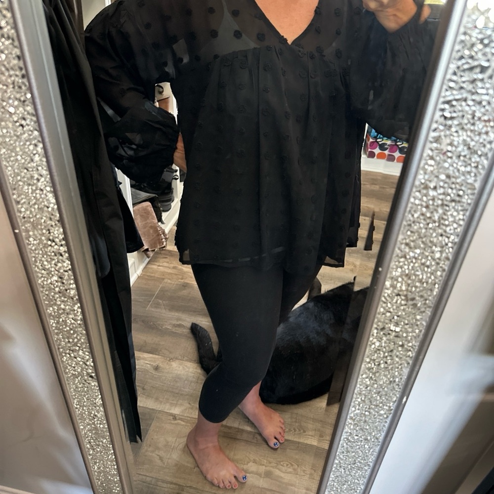 Entro Black Sheer Top dots pullover vneck L